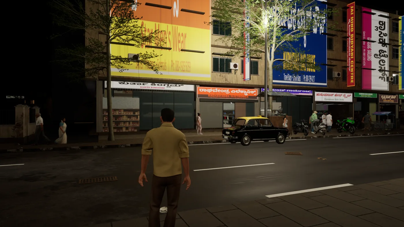 MG Road after sunset with a black and yellow taxi